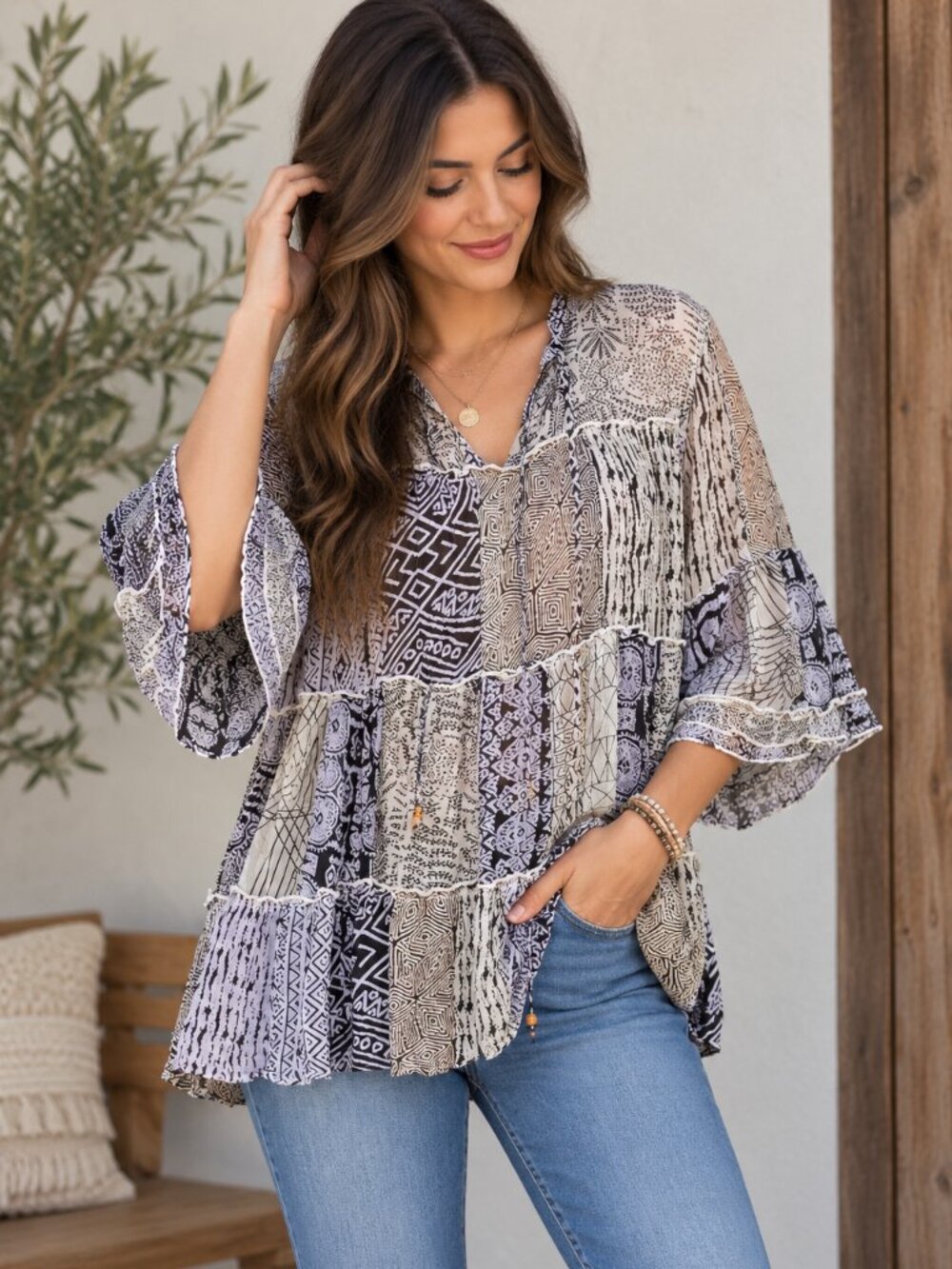 510. Women's Monarch Mixed Media Tiered Patchwork Top